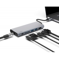 Belkin USB C 6 in 1 Hub Adapter with 60W Power Delivery, 5 Gbps Transfer Speed, Ethernet Port Gray