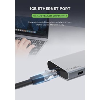 Belkin USB C 6 in 1 Hub Adapter with 60W Power Delivery, 5 Gbps Transfer Speed, Ethernet Port Gray Belkin USB C 6 in 1 Hub Adapter with 60W Power Delivery, 5 Gbps Transfer Speed, Ethernet Port Gray