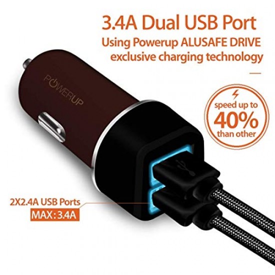 Powerup stay charged® 3.4-Amp Dual USB Ports Car Charger Adapter Compatible for Xiaomi Mi 8  - Brown
