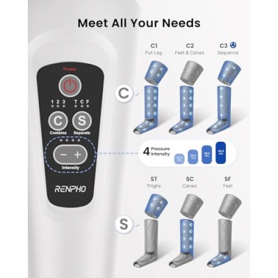 RENPHO Leg Massager, Air Compression for Circulation Calf Feet Thigh Massage, Sequential Boots Device with Handheld Controller 6 Modes 4 Intensities, Helps Swelling Pains RENPHO Leg Massager, Air Compression for Circulation Calf Feet Thigh Massage, Sequential Boots Device with Handheld Controller 6 Modes 4 Intensities, Helps Swelling Pains