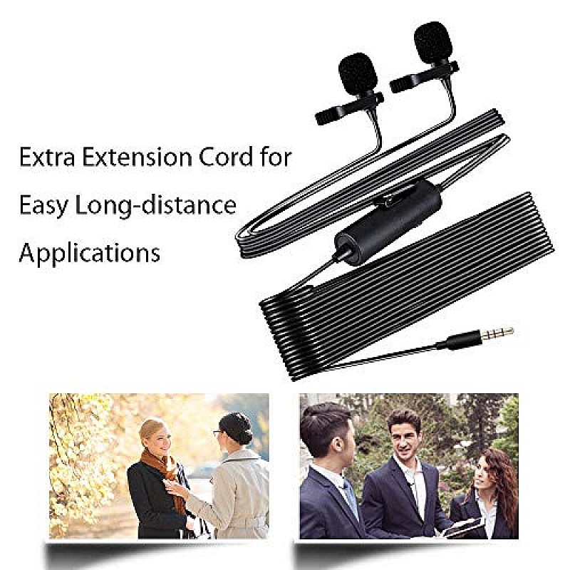 Maono AU-200 Dual Collar Auxiliary Omnidirectional Lavalier Microphone, Condenser Clip on Mic For Youtube Recording, Mobile phone, Pc (Black)