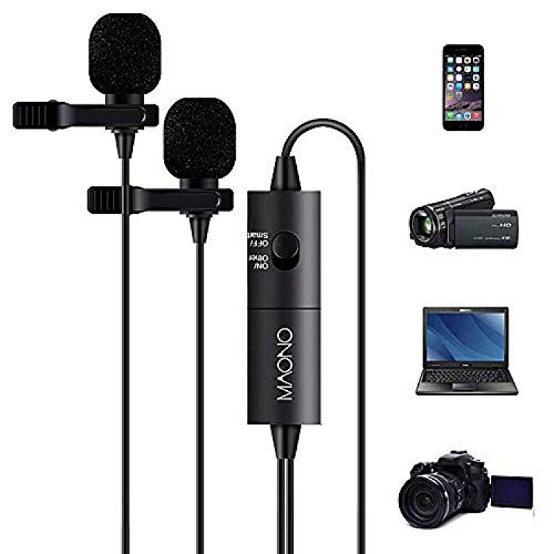 Maono AU-200 Dual Collar Auxiliary Omnidirectional Lavalier Microphone, Condenser Clip on Mic For Youtube Recording, Mobile phone, Pc (Black)