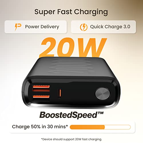 Ambrane 20000mAh Power Bank with 20W Fast Charging, Triple Output, Power Deliver Made in India Black Ambrane 20000mAh Power Bank with 20W Fast Charging, Triple Output, Power Deliver Made in India Black