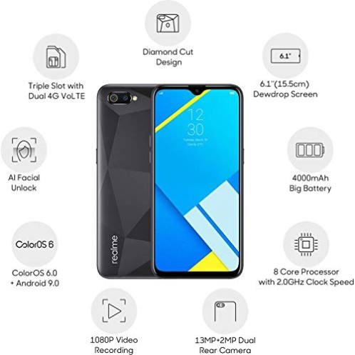 Realme C2 (Diamond Black, 2GB RAM, 16GB Storage) refurbished