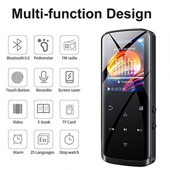 RUIZU D50 8GB MP3 Player Bluetooth 5.0, HiFi Lossless Sound Portable Music Player with Speaker FM Radio, Voice Recorder 128GB SD Card