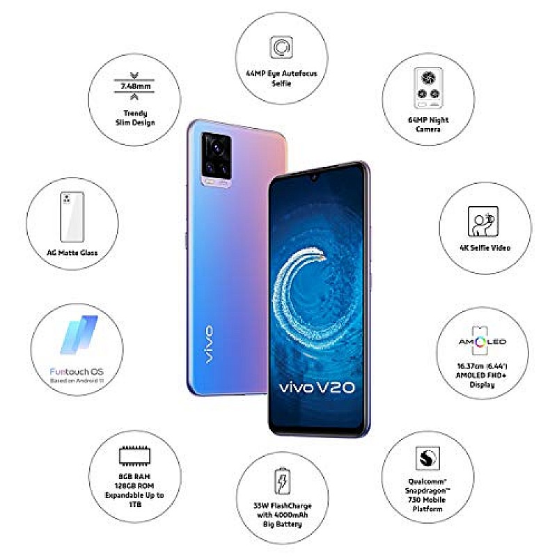 Vivo V20 2021 Sunset Melody, 8GB RAM 256GB Storage Refurbished