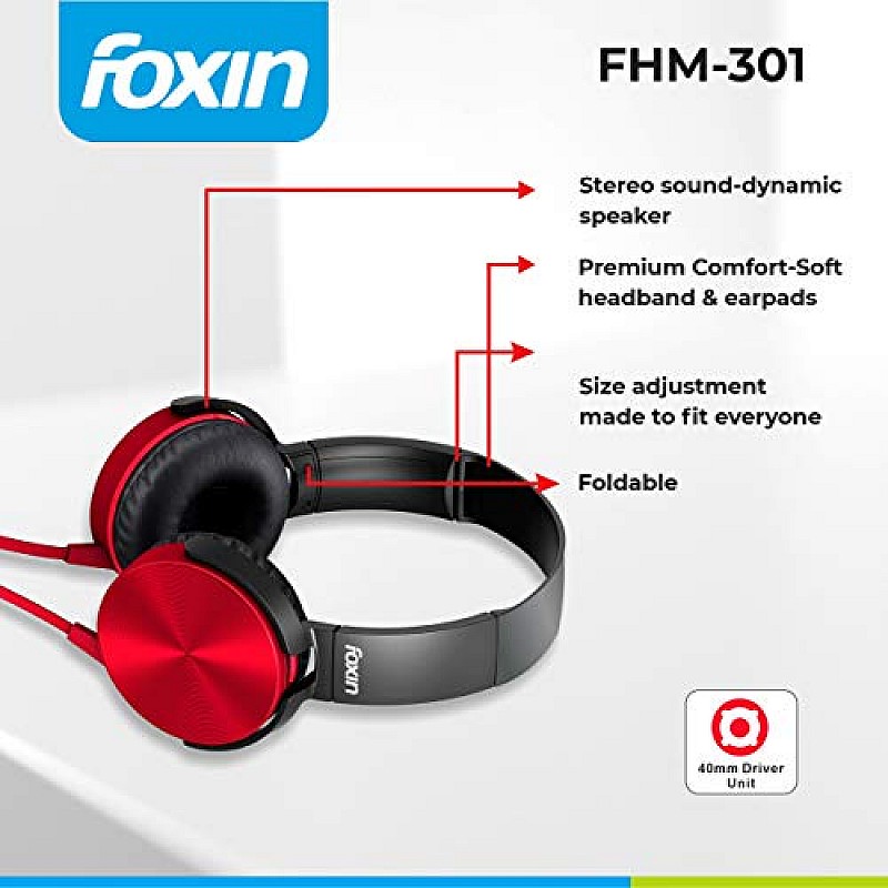 Foxin FHM-301 Over-Ear Wired Stereo Headphone (Red)