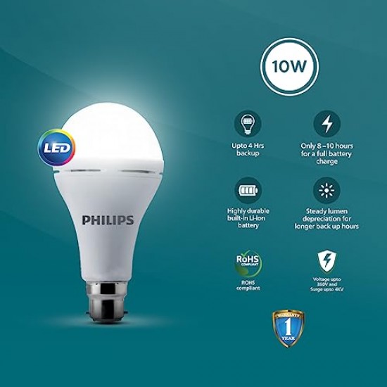 Philips 10W B22 LED Emergency Inverter Bulb ( Cool Day Light/Crystal White, Pack of 2)