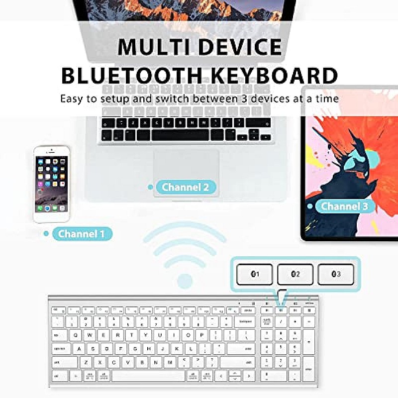 iClever BK10 Bluetooth Keyboard, Multi Device Wireless Keyboard Rechargeable Bluetooth 5.1 Stable Connection White