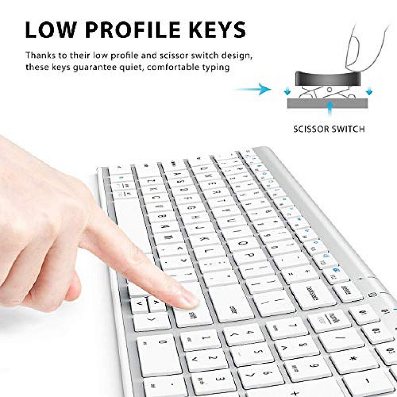 iClever BK10 Bluetooth Keyboard, Multi Device Wireless Keyboard Rechargeable Bluetooth 5.1 Stable Connection White