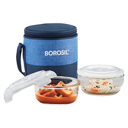 Borosil Prime Glass Lunch Box Set of 2, 400 Ml, Round, Microwave Safe office Tiffin, Blue, Transparent Borosil Prime Glass Lunch Box Set of 2, 400 Ml, Round, Microwave Safe office Tiffin, Blue, Transparent