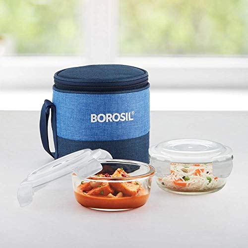 Borosil Prime Glass Lunch Box Set of 2, 400 Ml, Round, Microwave Safe office Tiffin, Blue, Transparent Borosil Prime Glass Lunch Box Set of 2, 400 Ml, Round, Microwave Safe office Tiffin, Blue, Transparent