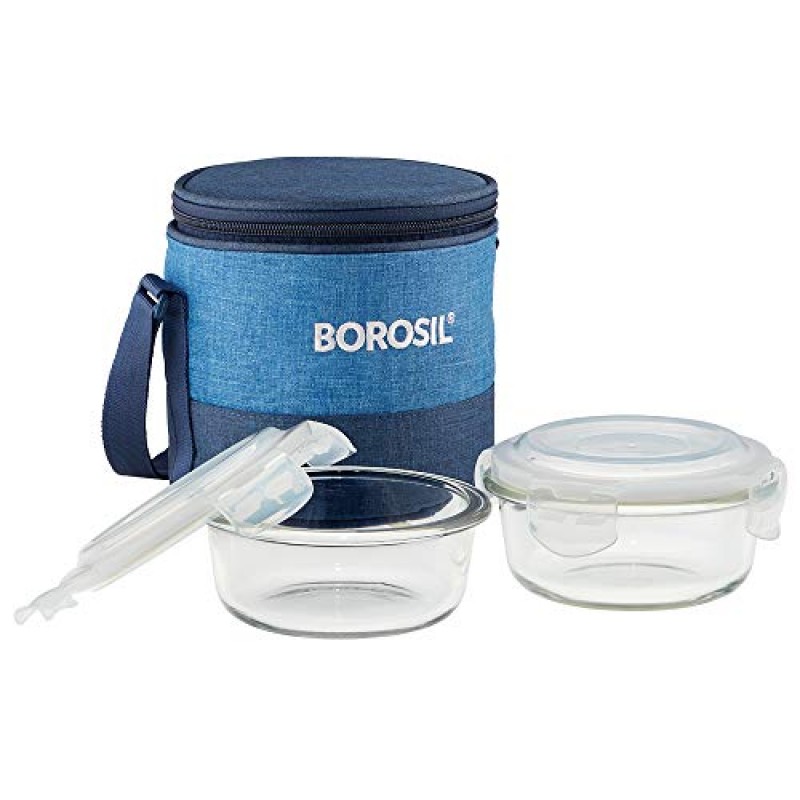 Borosil Prime Glass Lunch Box Set of 2, 400 Ml, Round, Microwave Safe office Tiffin, Blue, Transparent