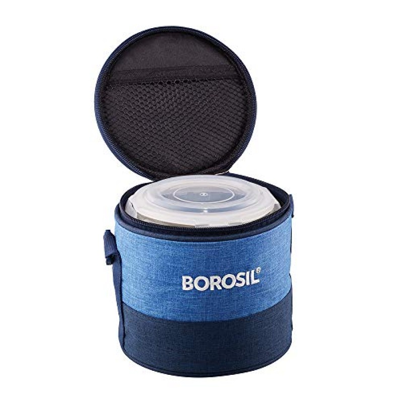 Borosil Prime Glass Lunch Box Set of 2, 400 Ml, Round, Microwave Safe office Tiffin, Blue, Transparent