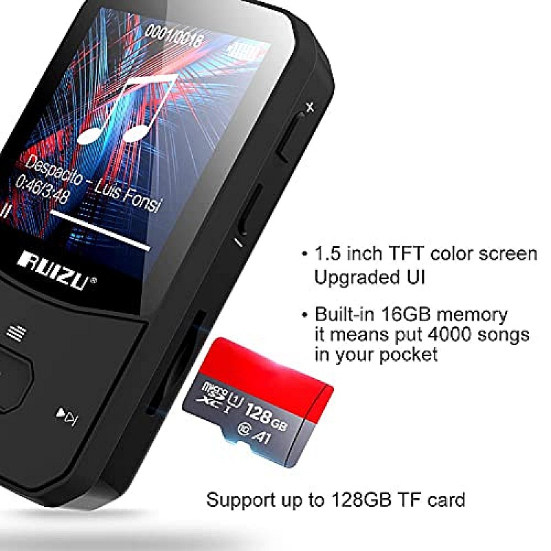 RUIZU X52 16GB Clip Mp3 Player with Bluetooth 5.0 16GB Lossless Sound Music Player with FM Radio to 128GB(Black)