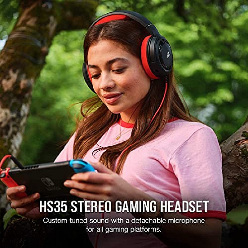 Corsair HS35 Stereo Gaming Wired Over Ear Headphones with Mic Designed for PC and Mobile (Red)