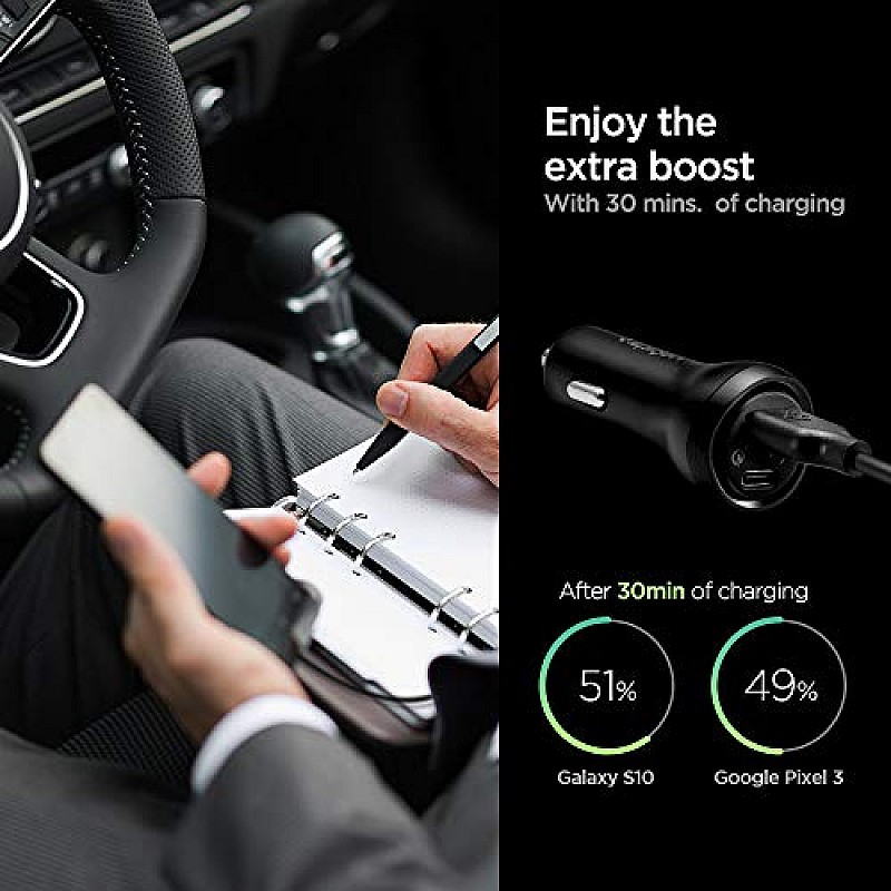 Spigen USB C Car Charger,45W Dual Port Car Charger Fast Charge(PD Charging 27W+Quick Charge 18W)Type C Car Adapter for iPhone ,Black