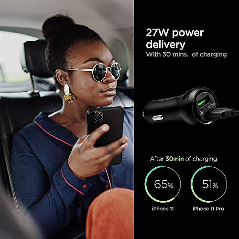 Spigen USB C Car Charger,45W Dual Port Car Charger Fast Charge(PD Charging 27W+Quick Charge 18W)Type C Car Adapter for iPhone ,Black