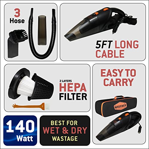 WOSCHER 2003 High Power Auto Car Vacuum Cleaner for Deep Cleaning with DC 12V, 140W Vacuum Motor and 5000 PA Powerful Suction, Black WOSCHER 2003 High Power Auto Car Vacuum Cleaner for Deep Cleaning with DC 12V, 140W Vacuum Motor and 5000 PA Powerful Suction, Black