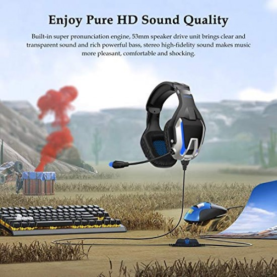 ONIKUMA K12 Stereo Gaming Headset with Mic, Controls and LED light for PC, PS4, Xbox and Mobiles (Black/Blue)