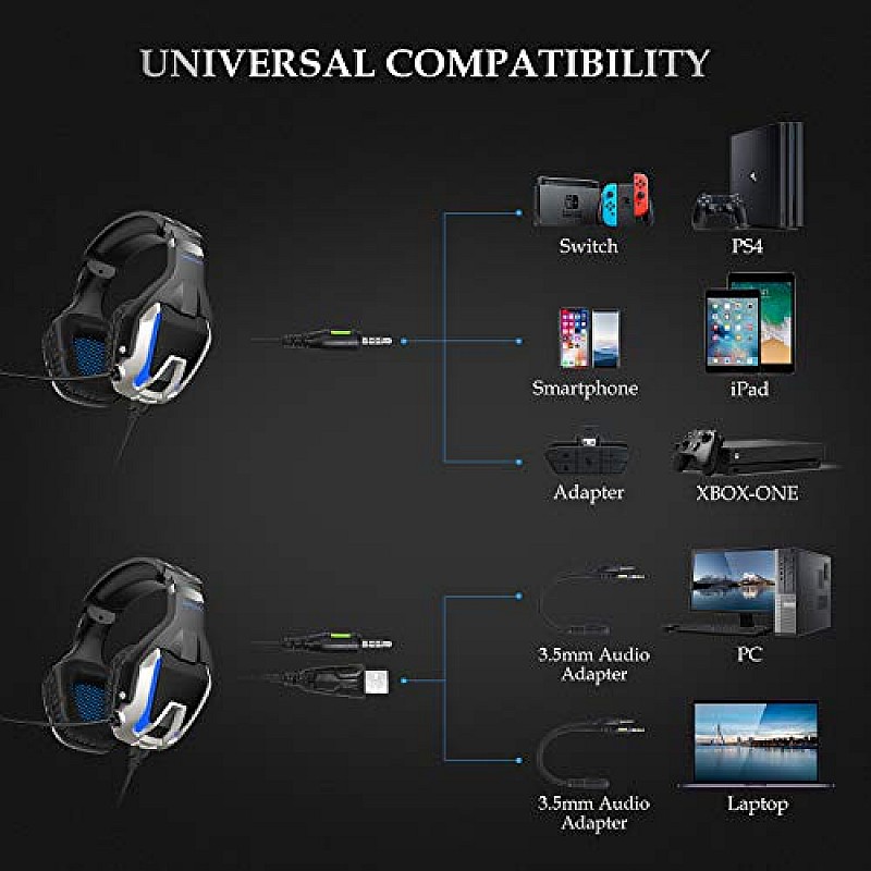 ONIKUMA K12 Stereo Gaming Headset with Mic, Controls and LED light for PC, PS4, Xbox and Mobiles (Black/Blue)