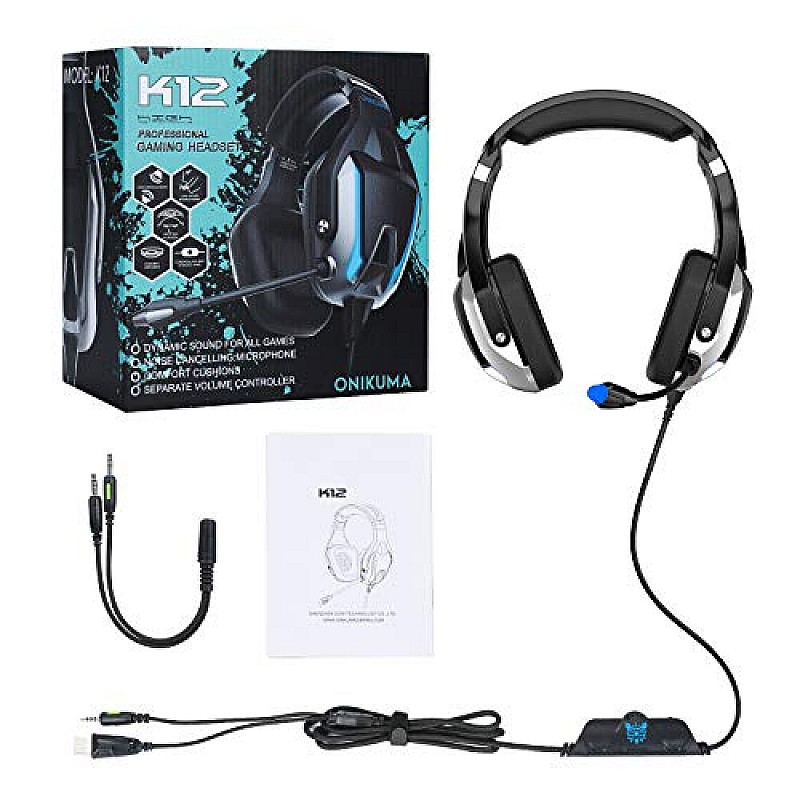 ONIKUMA K12 Stereo Gaming Headset with Mic, Controls and LED light for PC, PS4, Xbox and Mobiles (Black/Blue)