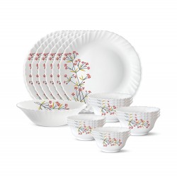 Larah by Borosil Red Bud Silk Series Opalware Dinner Set 19 Pieces for Family of 6 Microwave & Dishwasher Safe White,Floral