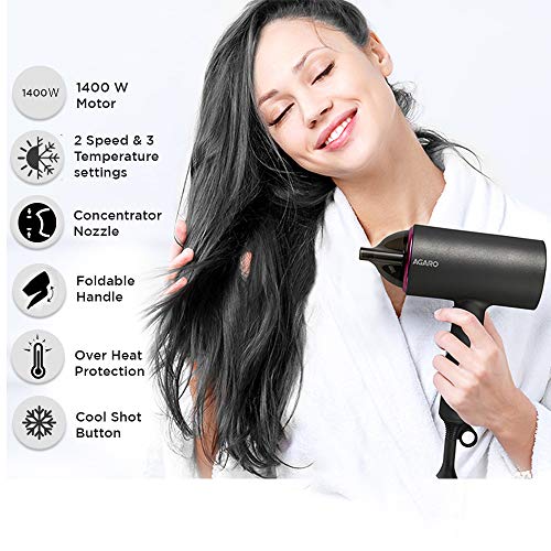 AGARO HD-1214 Premium Hair Dryer with 1400 Watts Motor, 3 Temperature Settings And Cool Shot Button- Black AGARO HD-1214 Premium Hair Dryer with 1400 Watts Motor, 3 Temperature Settings And Cool Shot Button- Black