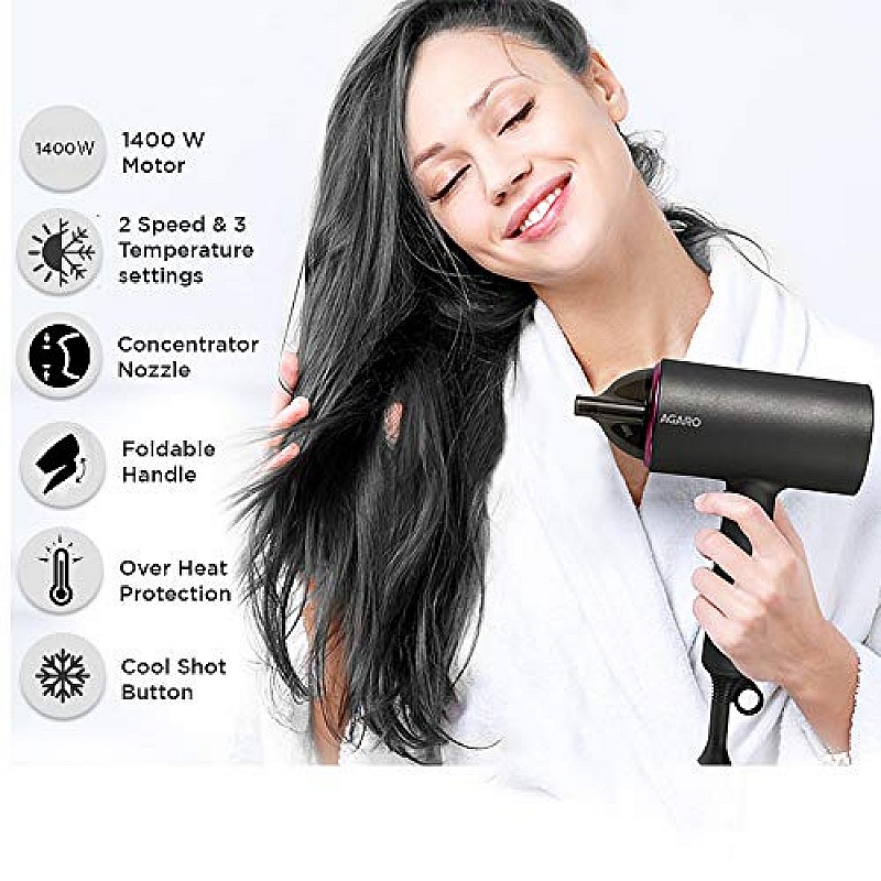 AGARO HD-1214 Premium Hair Dryer with 1400 Watts Motor, 3 Temperature Settings And Cool Shot Button- Black