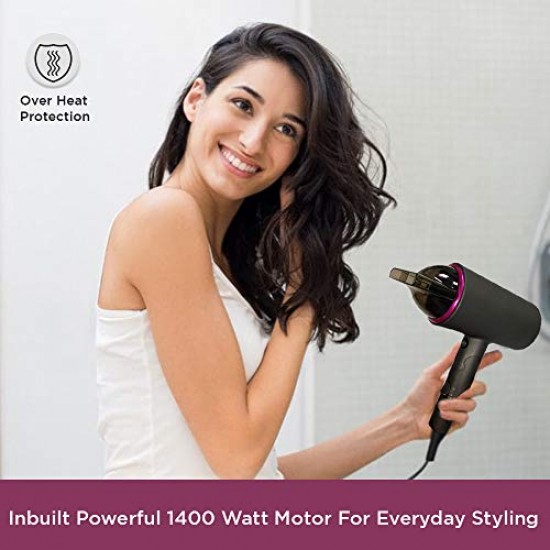 AGARO HD-1214 Premium Hair Dryer with 1400 Watts Motor, 3 Temperature Settings And Cool Shot Button- Black