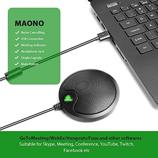 Maono AU-BM10 Boundary Conference USB Microphone with Mute and Headphone Playback, Omnidirectional Mic, Black
