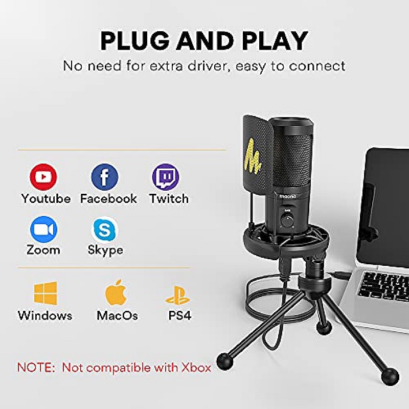 Maono AU-A04TR USB Condenser Cardioid Microphone Kit with Tripod for Podcast, PC, Gaming, Recording, YouTube, Vlogging