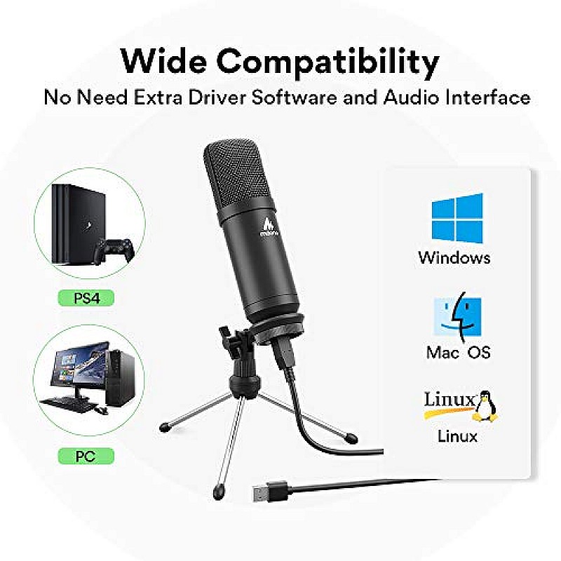 Maono AU-A04TR USB Condenser Cardioid Microphone Kit with Tripod for Podcast, PC, Gaming, Recording, YouTube, Vlogging