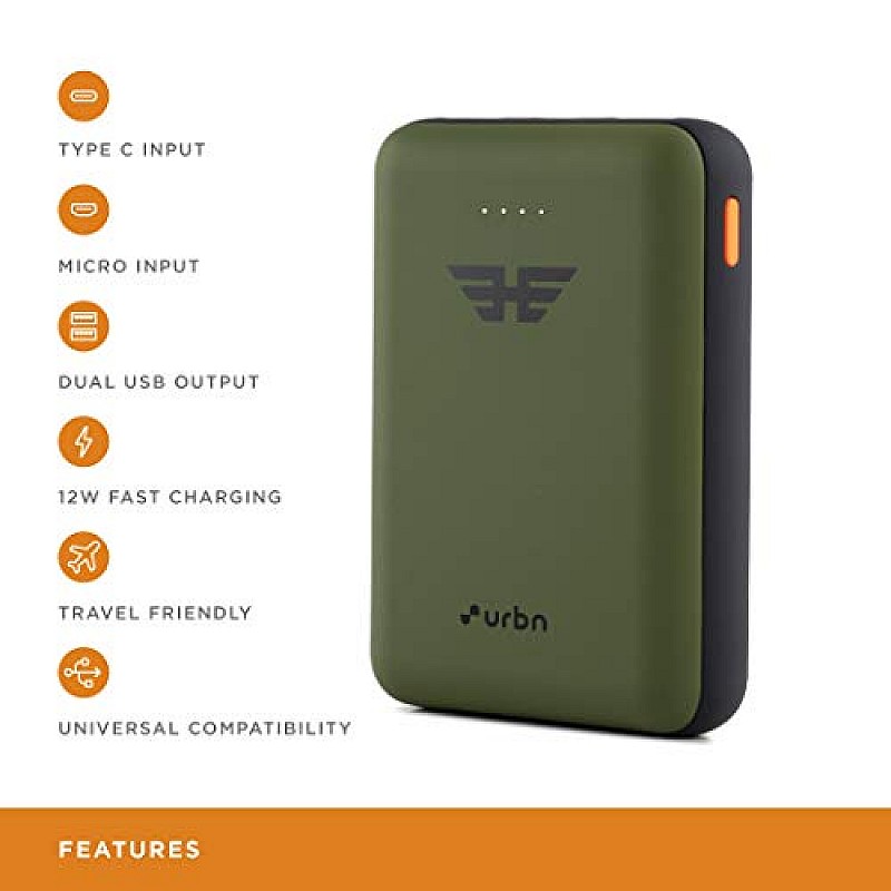 URBN 10000 mAh Li-Polymer Ultra Compact Power Bank 12W Fast Charge Dual USB Output Type C Micro Input Pocket Size (Camo)