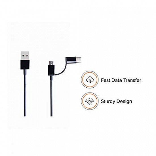 Mi Xiaomi 2-in-1 USB Cable 100Cm Black Multipurpose Cable Which Supports Both Type C & Type B/Micro USB Devices Black