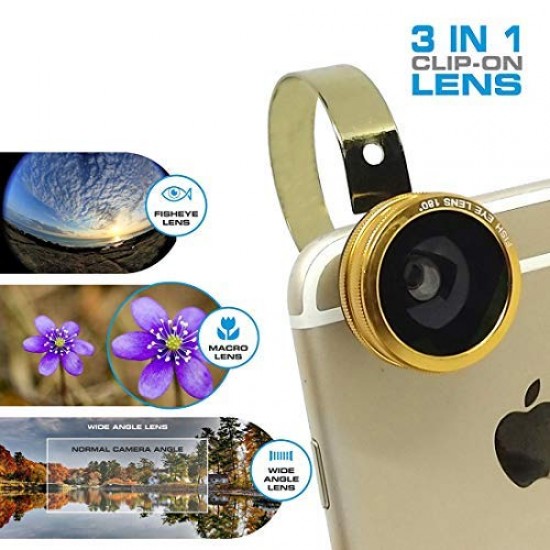 AIRTREE Universal Mobile 3 in 1 Clip on Lens Kit- Fish Eye, Macro + Wide Lens,
