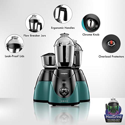 Crompton Ameo 750-Watt Mixer Grinder Motor Vent-X Technology (3 Stainless Steel Jars, Black And Green Crompton Ameo 750-Watt Mixer Grinder Motor Vent-X Technology (3 Stainless Steel Jars, Black And Green