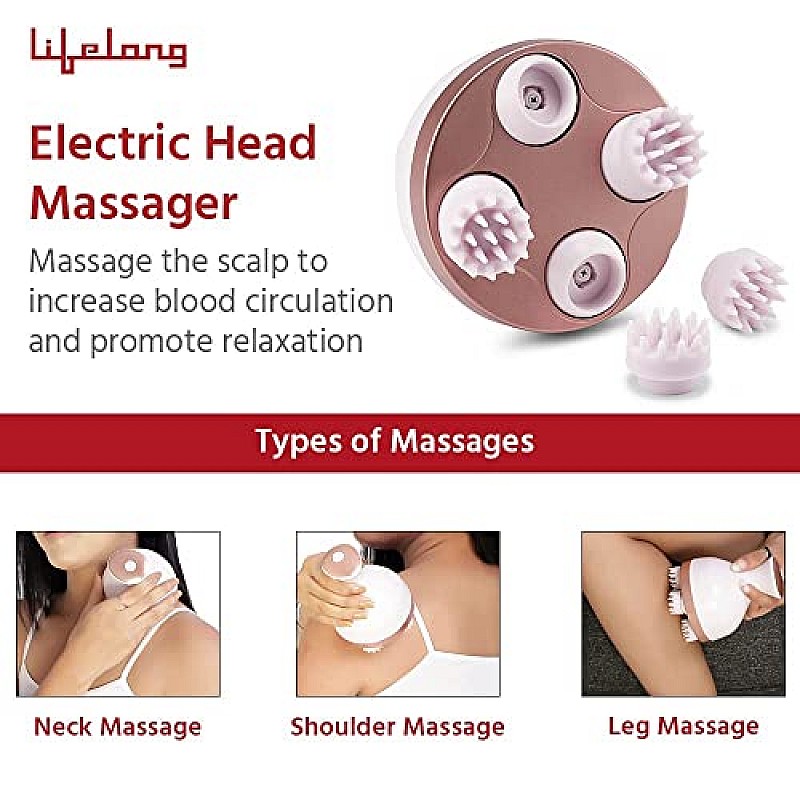 Lifelong LLM225 Rechargeable Head, Scalp Full Body Pain Relief Massager, Electric Head Kneading Massager,4 Speed Modes Brown