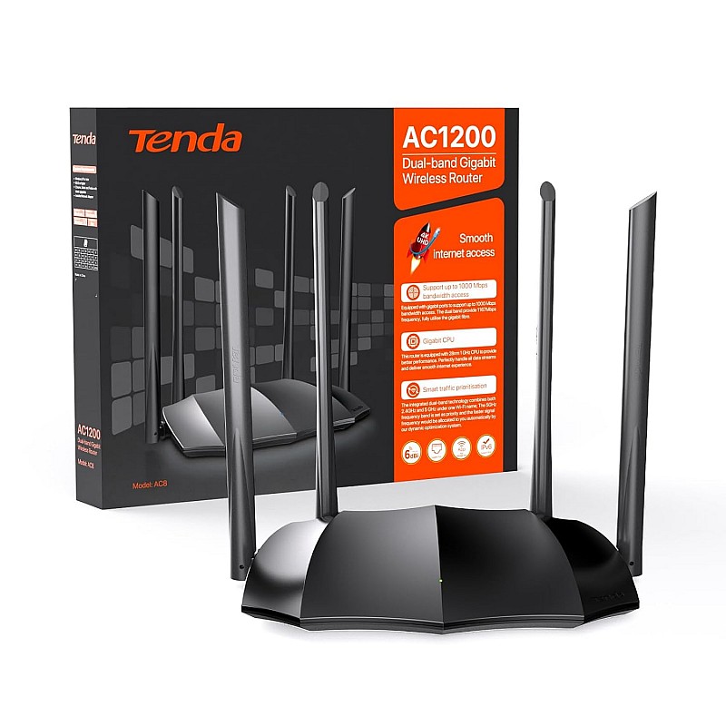 Tenda AC8 AC1200 Dual-Band MU-MIMO Wireless Gigabit Router, Wi-Fi Speed up to 867Mbps 2.4G, 4 Gigabit Ports, Parental Control Black