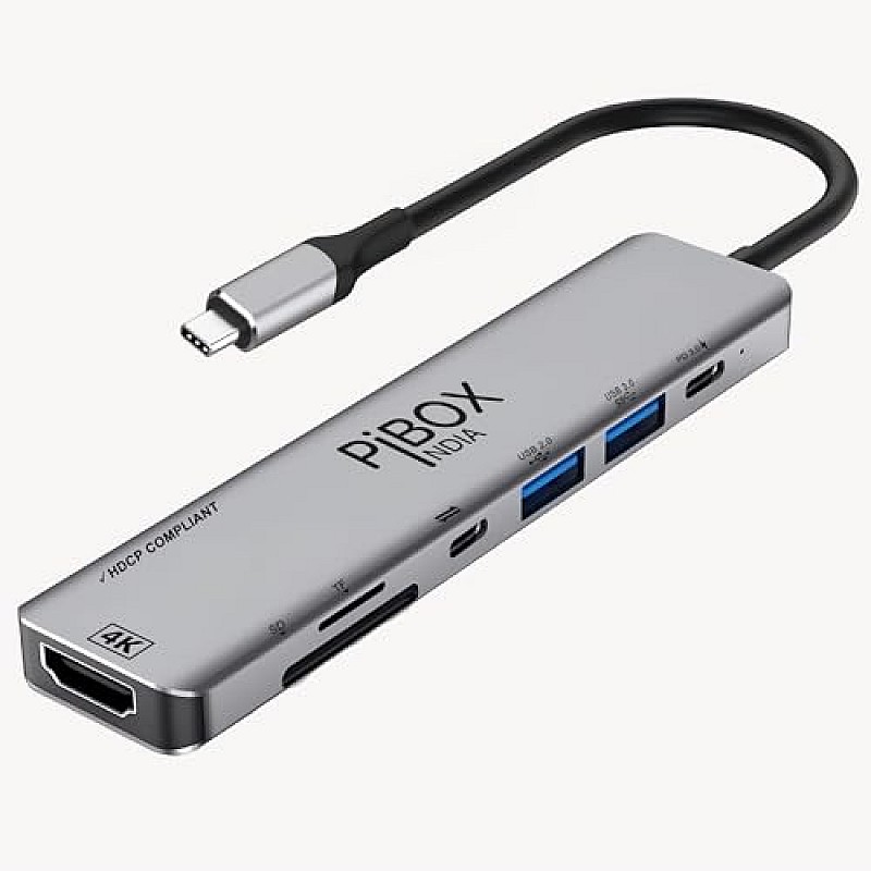 PiBOX India- USB C Hub Dock- 7 in 1 with 4K 30HZ HDCP Compliant, TF/SD Card Reader