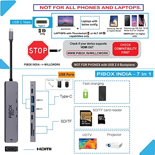 PiBOX India- USB C Hub Dock- 7 in 1 with 4K 30HZ HDCP Compliant, TF/SD Card Reader PiBOX India- USB C Hub Dock- 7 in 1 with 4K 30HZ HDCP Compliant, TF/SD Card Reader