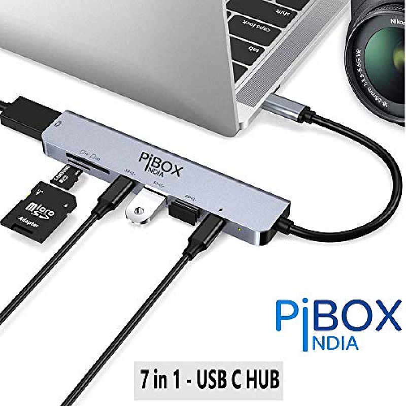 PiBOX India- USB C Hub Dock- 7 in 1 with 4K 30HZ HDCP Compliant, TF/SD Card Reader