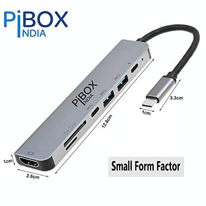 PiBOX India- USB C Hub Dock- 7 in 1 with 4K 30HZ HDCP Compliant, TF/SD Card Reader