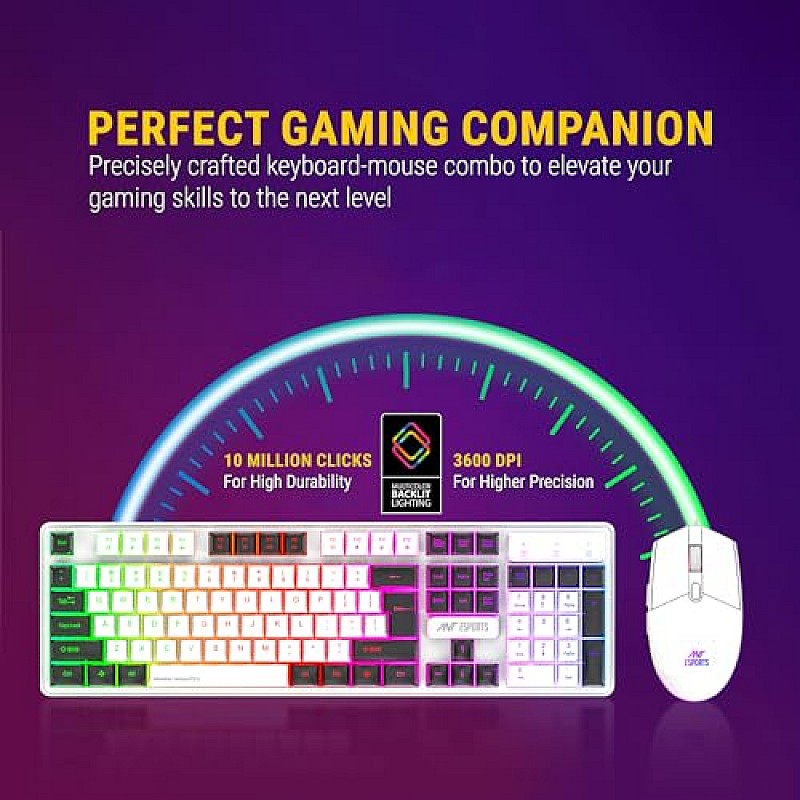 Ant Esports KM1610 LED Keyboard and Mouse Combo, 104 Keys Rainbow Backlit Keyboard and 7 Colour RGB Mouse, White Gaming Keyboard and Mouse Combo