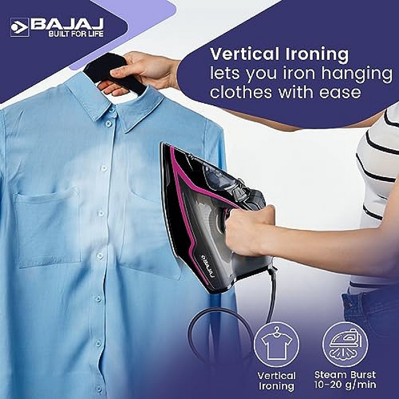 Bajaj MX-35N 2000W Steam Iron With Steam Burst, Anti-Drip And Anti-Scale Technology Black And Pink