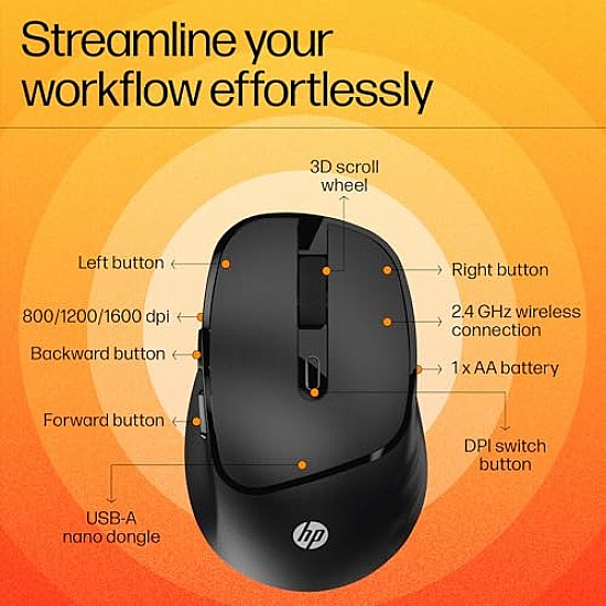 HP M120 Wireless Mouse, USB-A Nano Dongle, 2.4 Ghz Wireless Connection, 6 Buttons Black