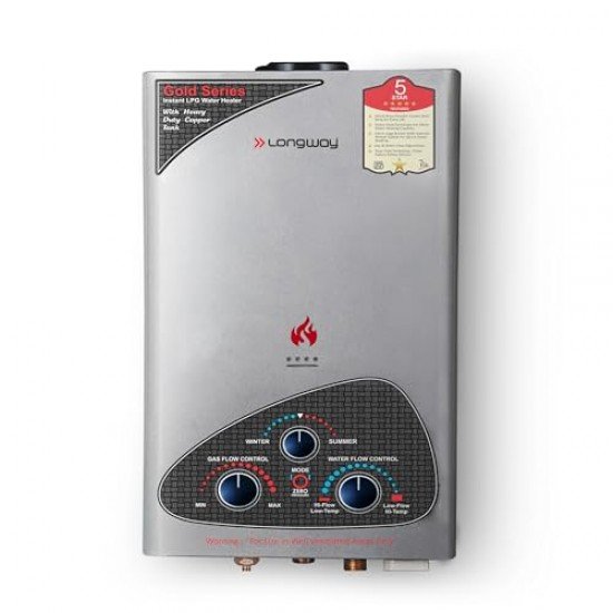 Longway Xolo Gold Dlx 7 Ltr 5 Star Rated Automatic Gas Water Heater for Home Silver