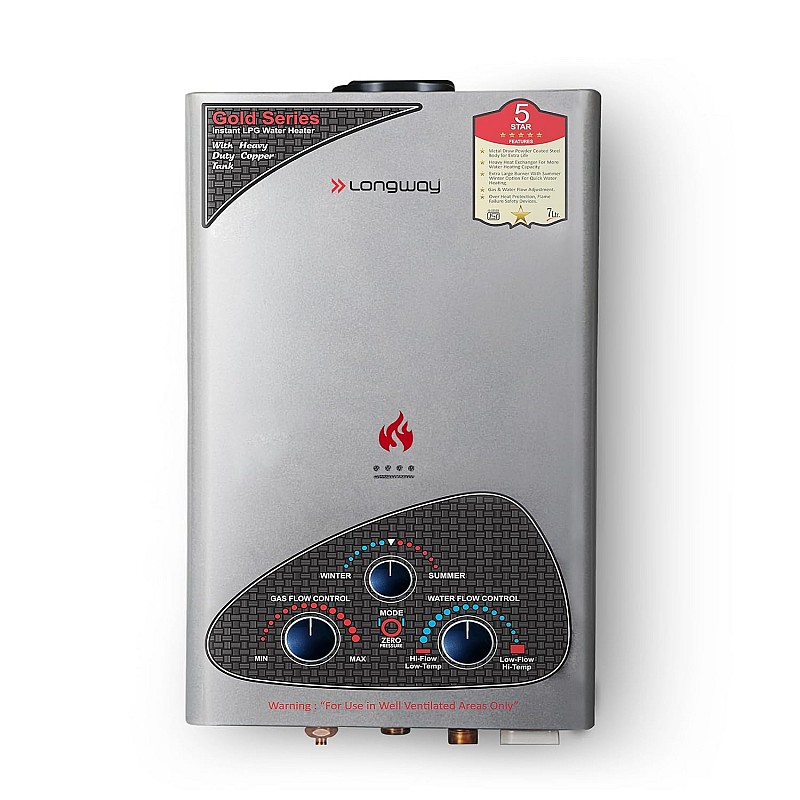 Longway Xolo Gold Dlx 7 Ltr 5 Star Rated Automatic Gas Water Heater for Home Silver