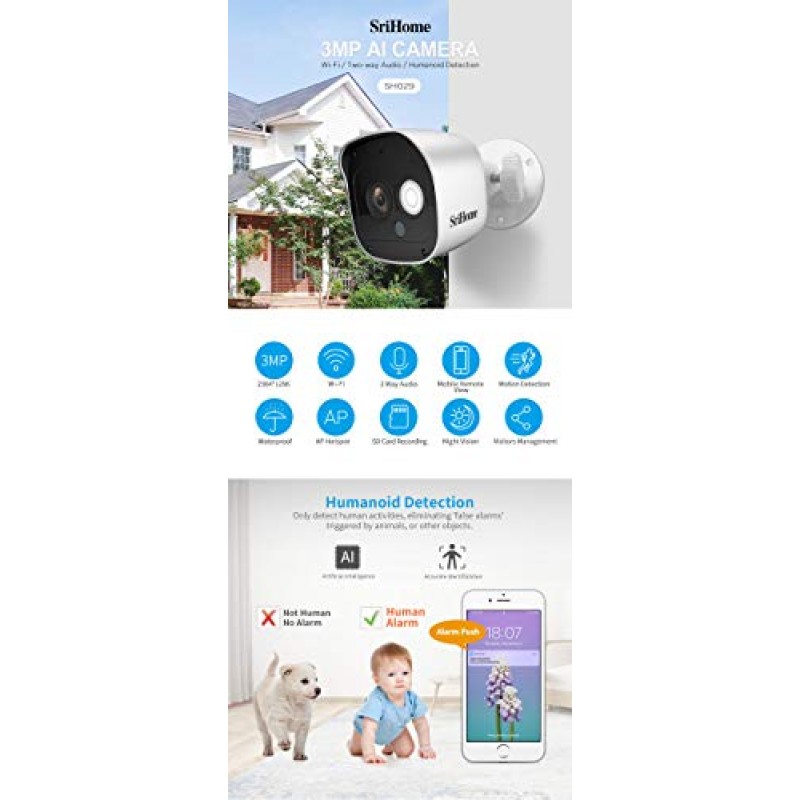 Srihome SH029 3MP Ultra HD 1296p Wireless WiFi Waterproof Indoor/Outdoor CCTV IP Security Camera - White