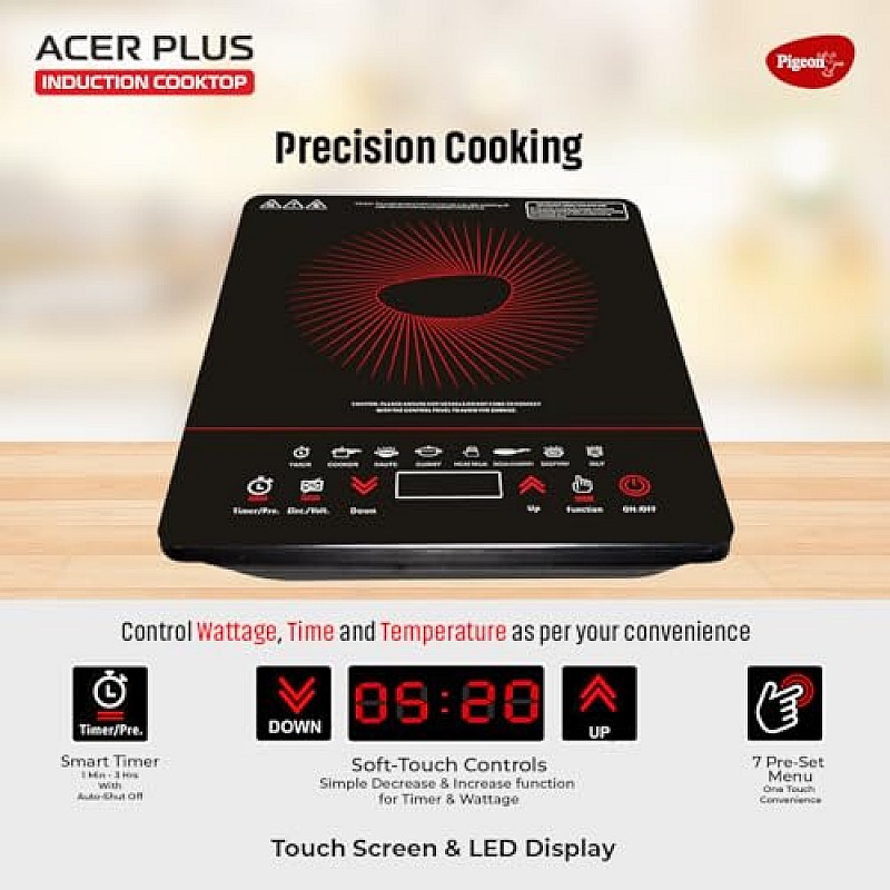 Pigeon By Stovekraft 14429 Acer Plus 1800 Watt Induction Cooktop with Feather Touch Control (Black)